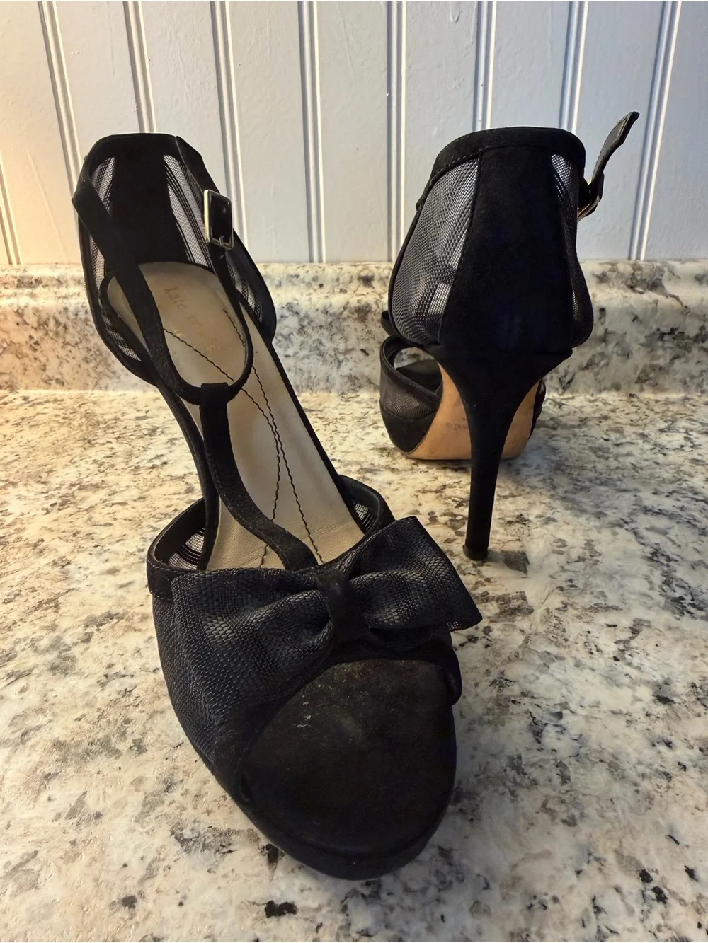 kate spade Black Mesh Bow T-Strap Peep-Toe Platform Stiletto Heels Made In Italy